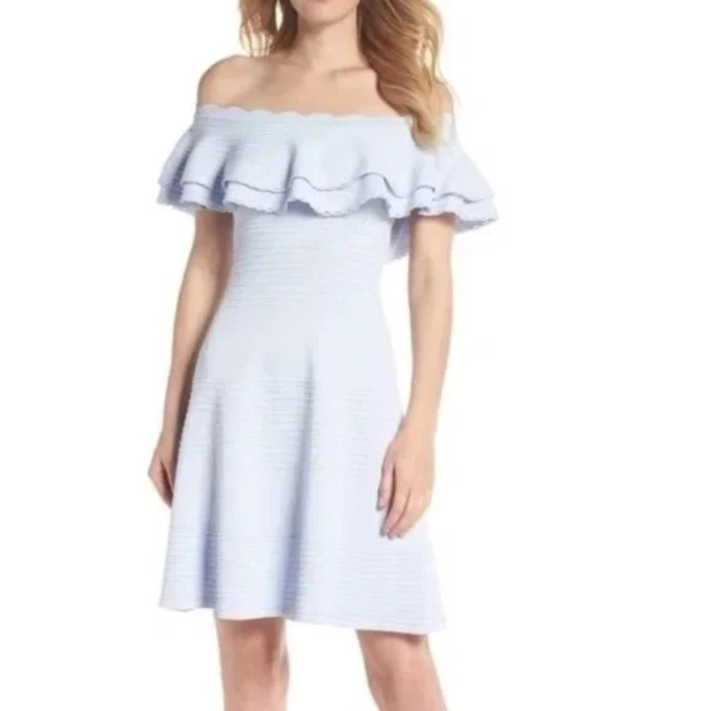 Knit Light Blue Off the Shoulder Fit & Flare Dress